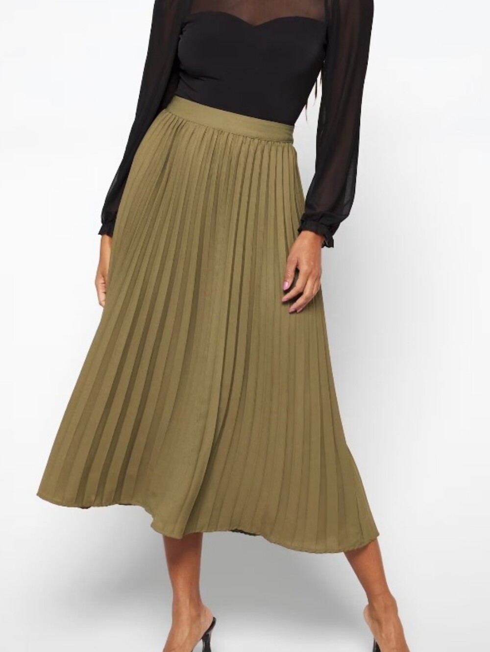 Vero Moda Pleated Midi Skirt in Olive Green, Size L